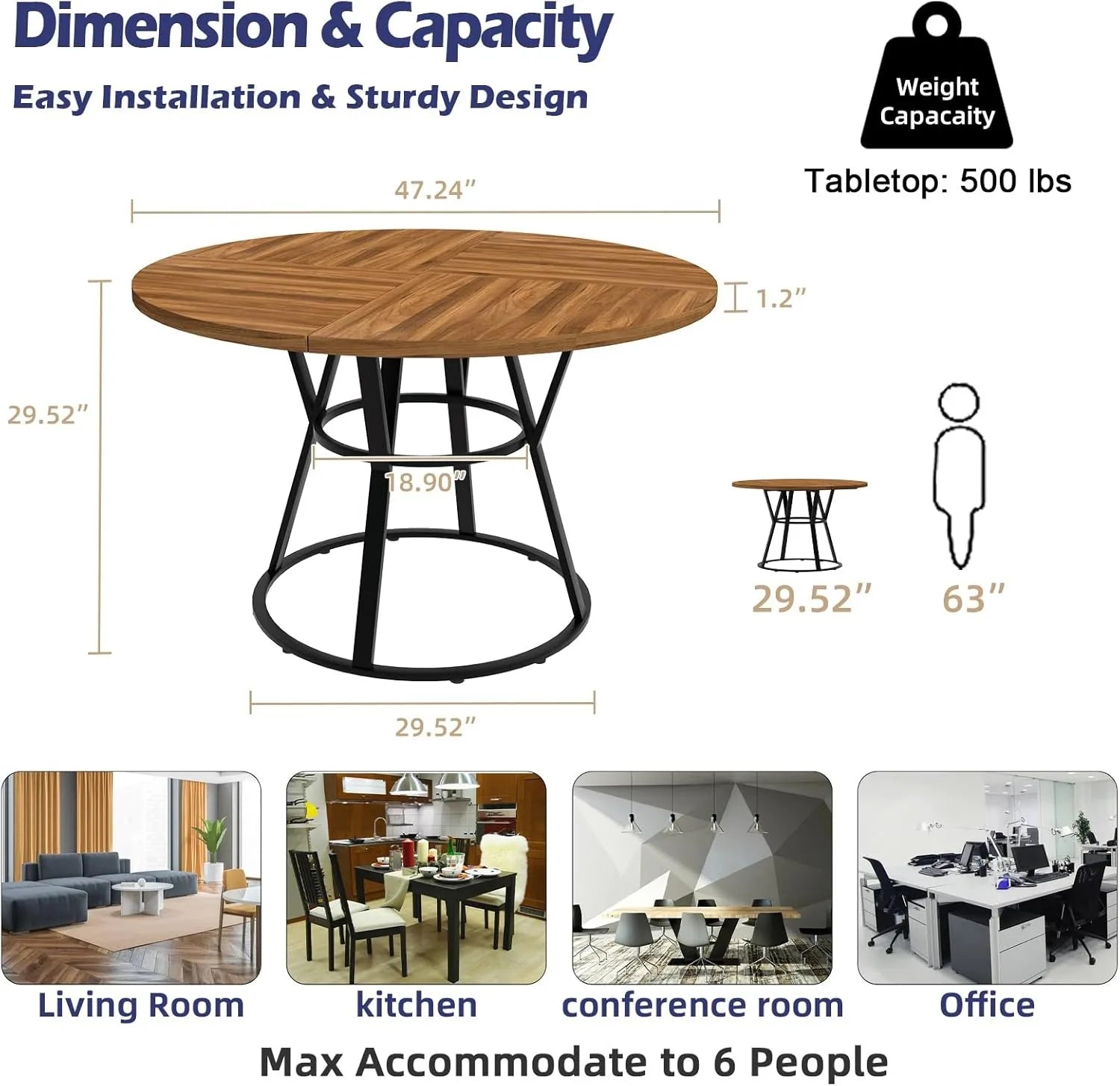 47” Round Dinner Table for 4-6, with Metal Legs
