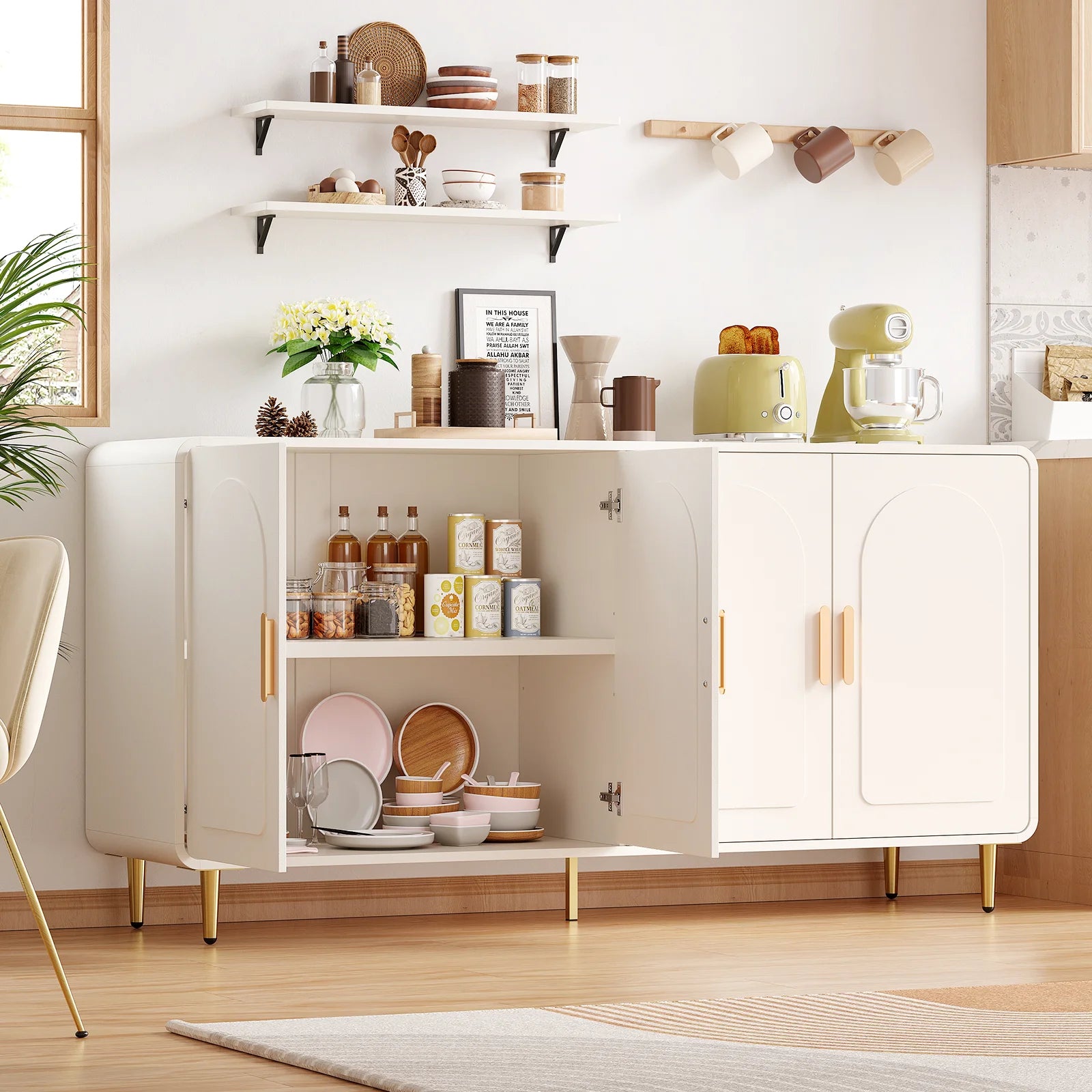 60" Sideboard Buffet Cabinet, Storage, Curved, 4 Doors, Adjustable Shelves