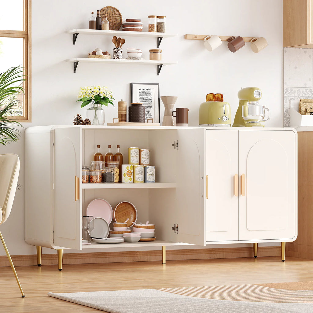 60" Sideboard Buffet Cabinet, Storage, Curved, 4 Doors, Adjustable Shelves