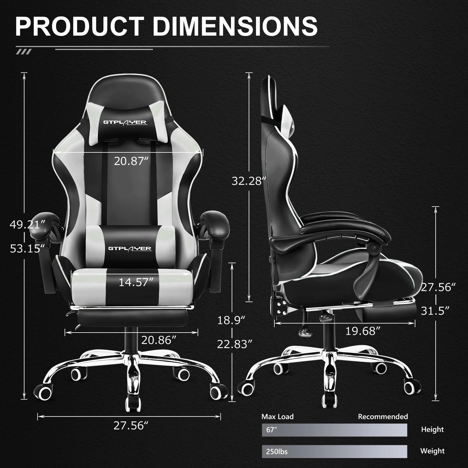 GTPLAYER Gaming Chair Footrest, Lumbar Support, Adjustable Height, Swivel Seat