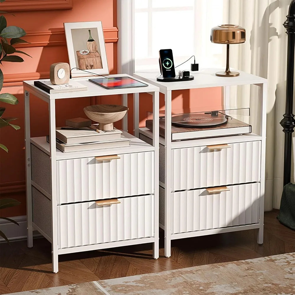 Nightstand Charging Station LED Light 19" W Fluted Round Edge