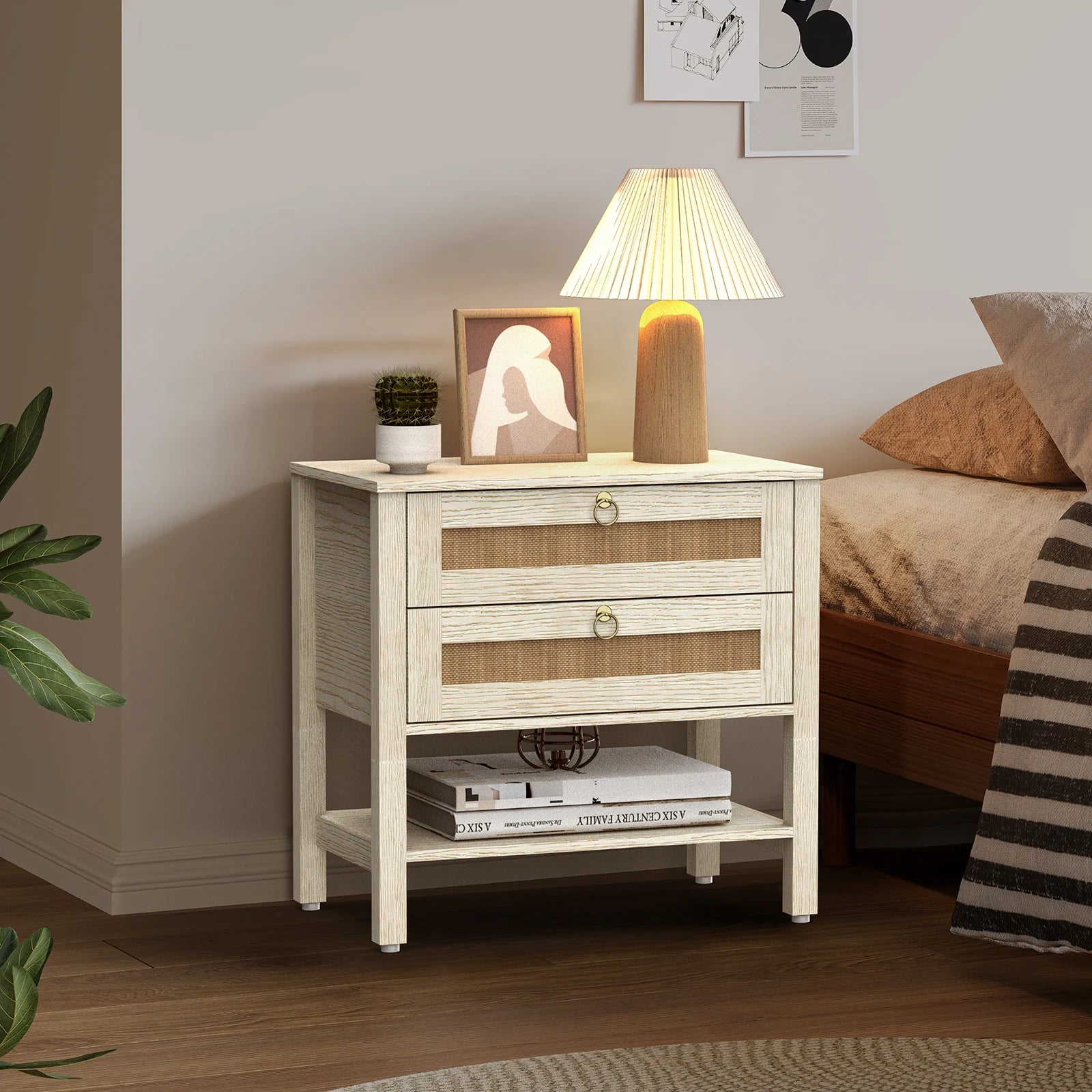 Large Fluted End Table 2-Drawer 22.8IN Wide