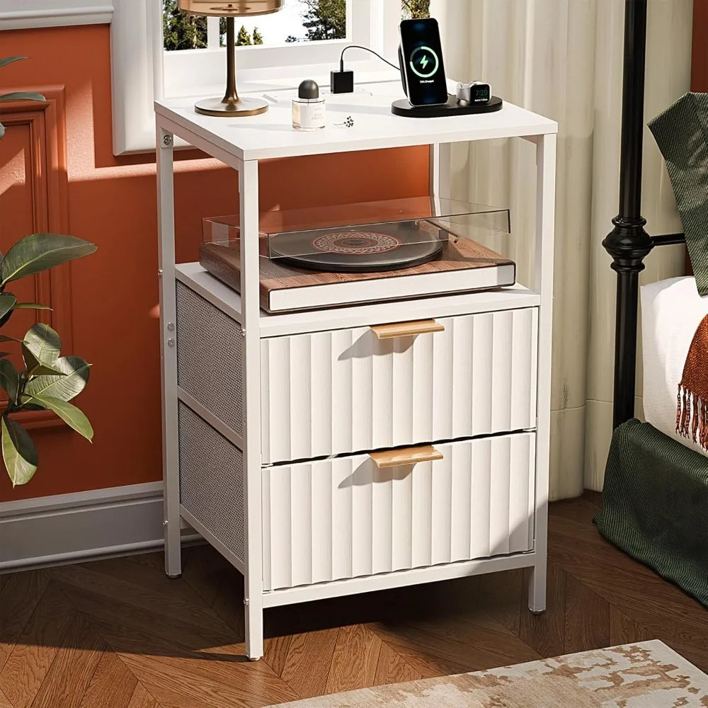Nightstands Set of 2 Fabric Drawers Fluted, Charging Station