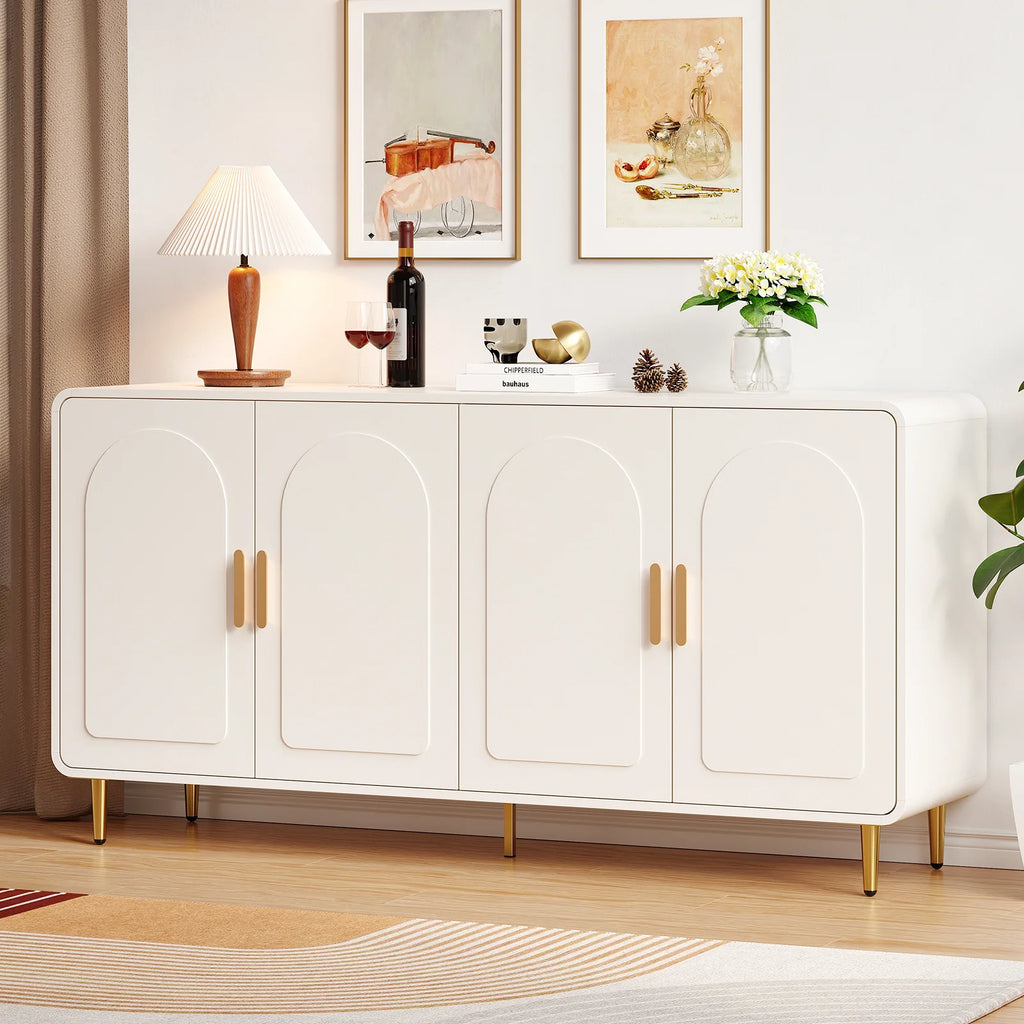 60" Sideboard Buffet Cabinet, Storage, Curved, 4 Doors, Adjustable Shelves