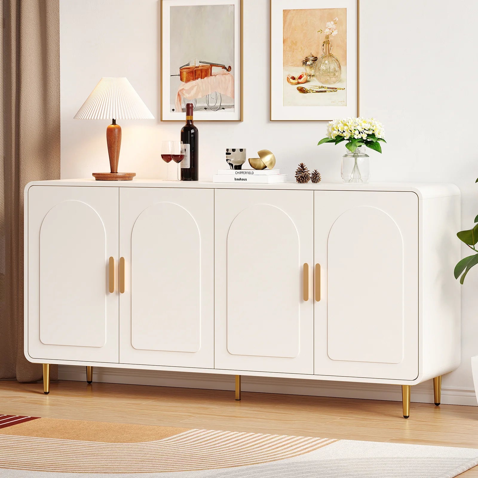 60" Sideboard Buffet Cabinet, Storage, Curved, 4 Doors, Adjustable Shelves
