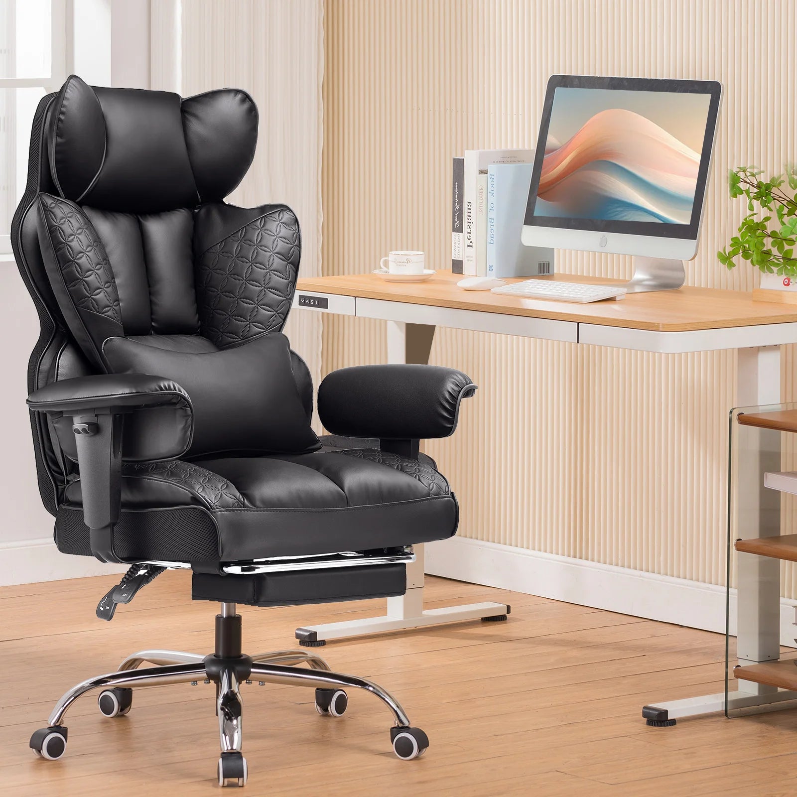 Ergonomic Leather High Back Gaming Chair Footrest, Adjustable Armrests
