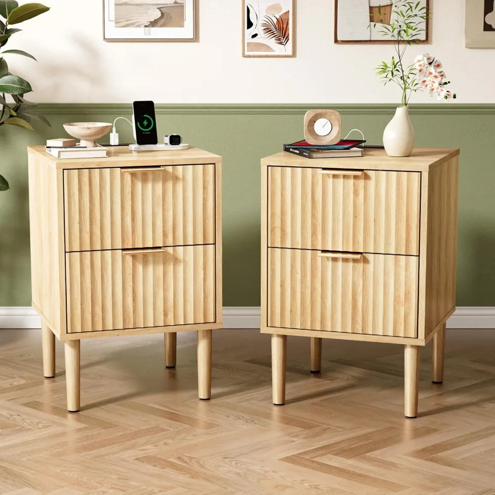 Nightstand Charging Station LED Light 19" W Fluted Round Edge