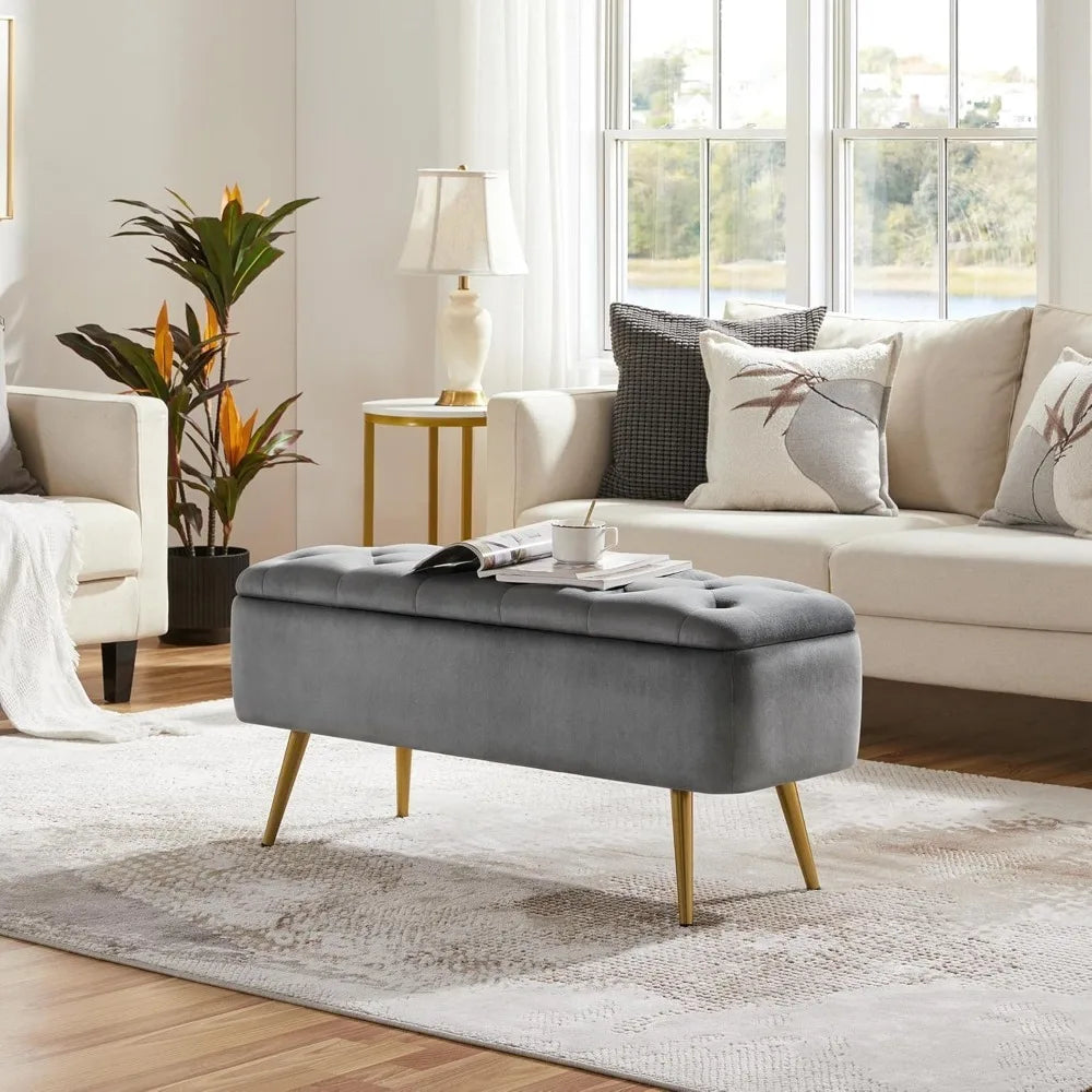 Ottoman Footstool Storage Bench, Upholstered Button-Tufted
