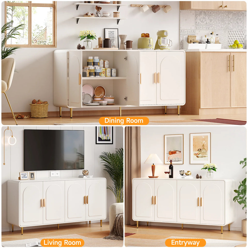 60" Sideboard Buffet Cabinet, Storage, Curved, 4 Doors, Adjustable Shelves