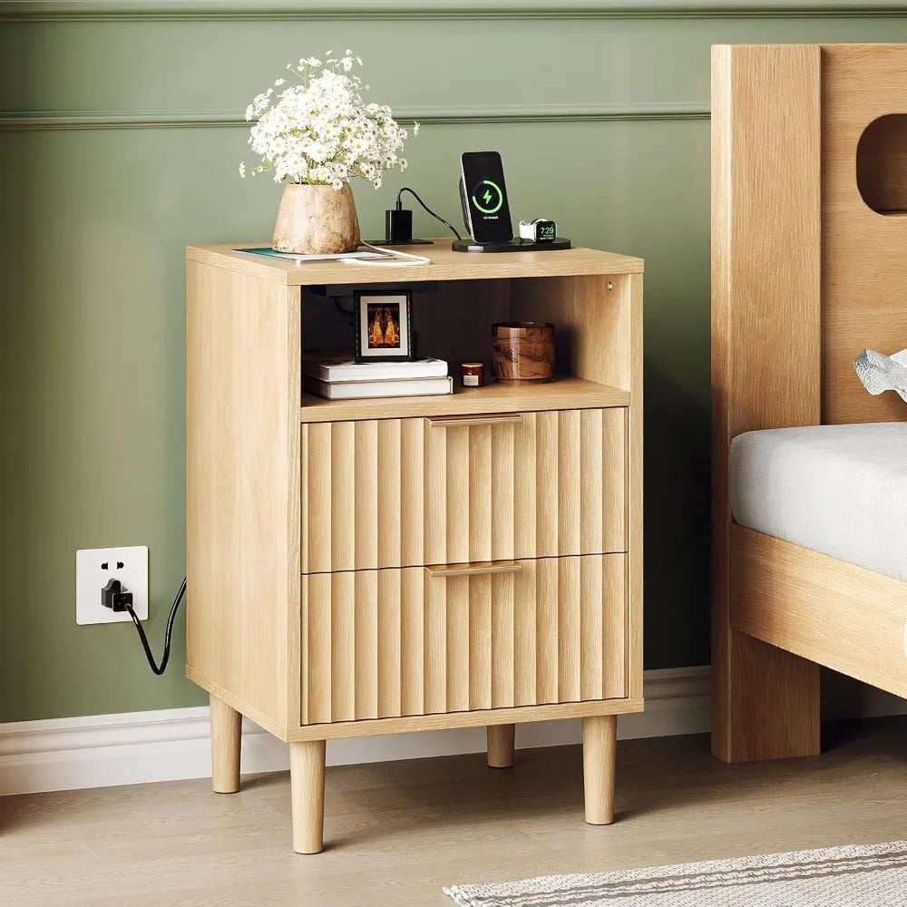 Nightstand Charging Station LED Light 19" W Fluted Round Edge
