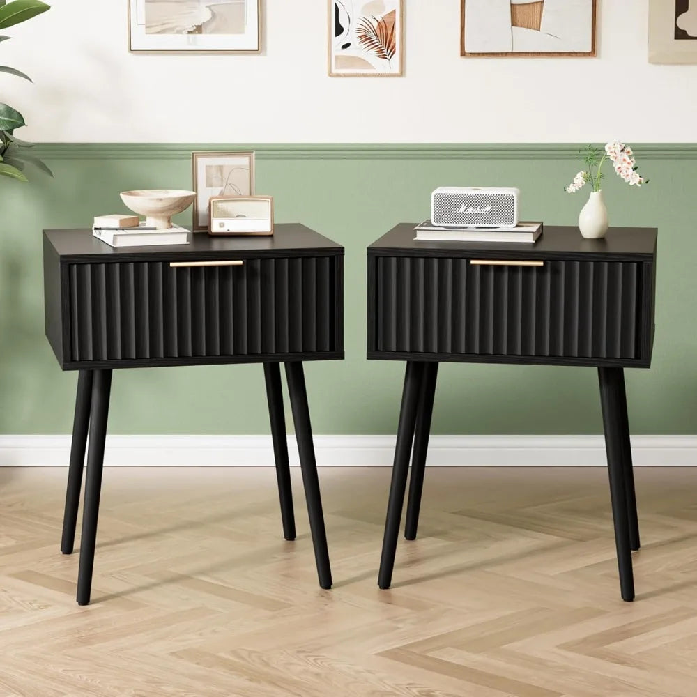 Nightstands Set of 2 Fabric Drawers Fluted, Charging Station