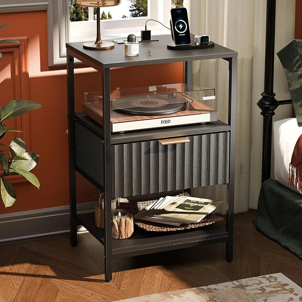 Nightstand Charging Station LED Light 19" W Fluted Round Edge