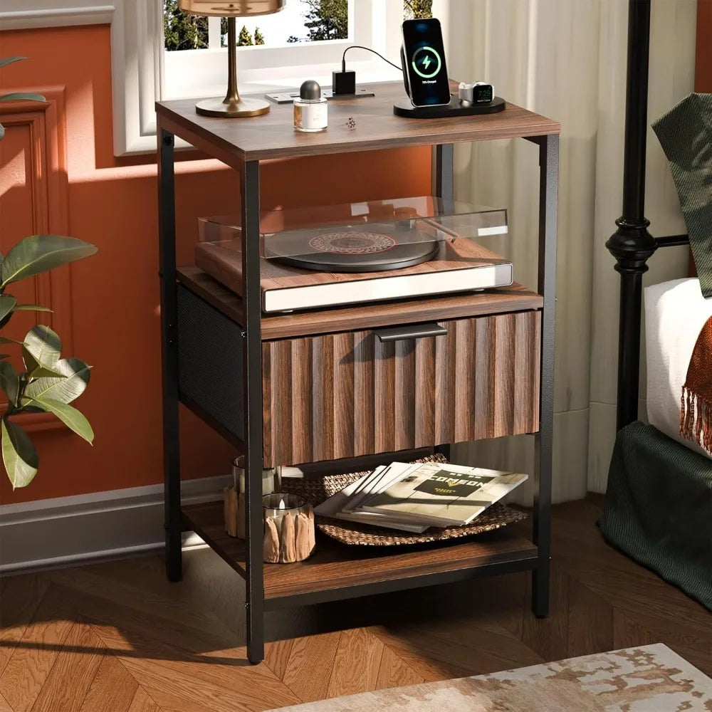 Nightstands Set of 2 Fabric Drawers Fluted, Charging Station