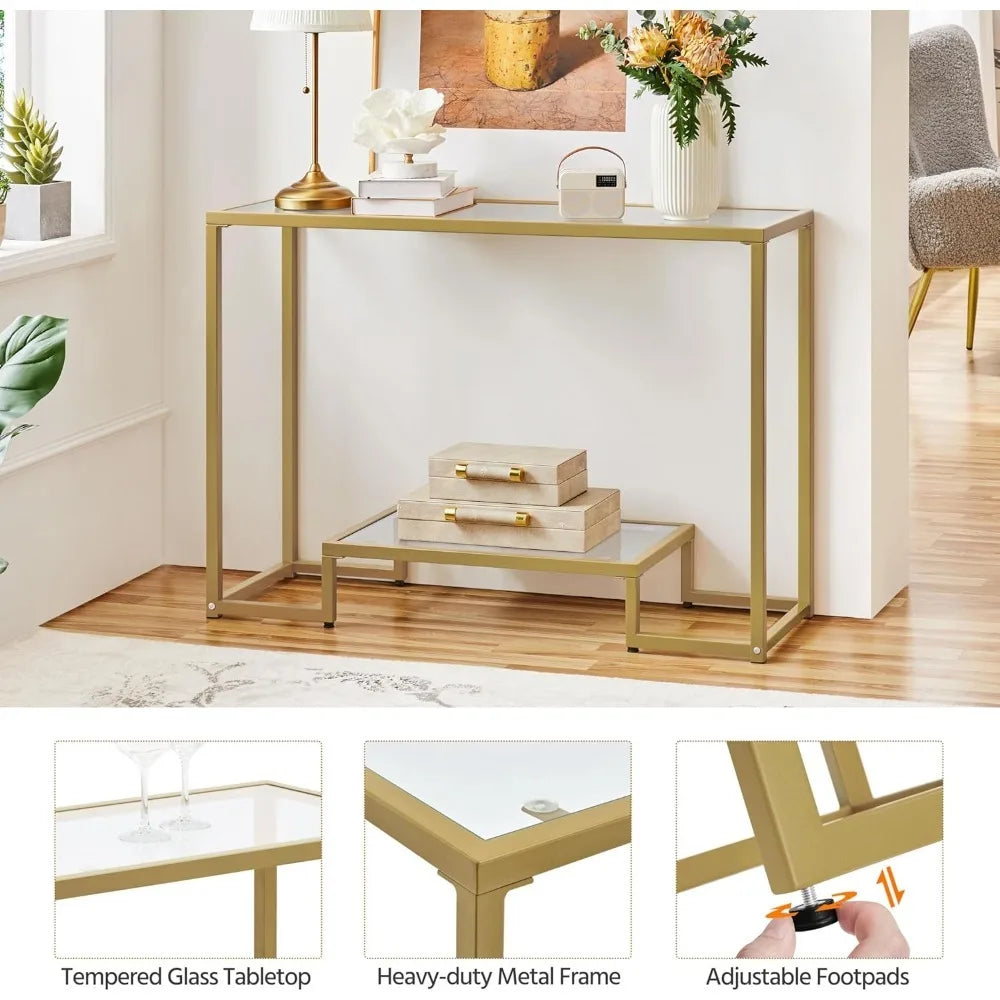 42 Inch Console Table, Tempered Glass Narrow , 2-Tier Table