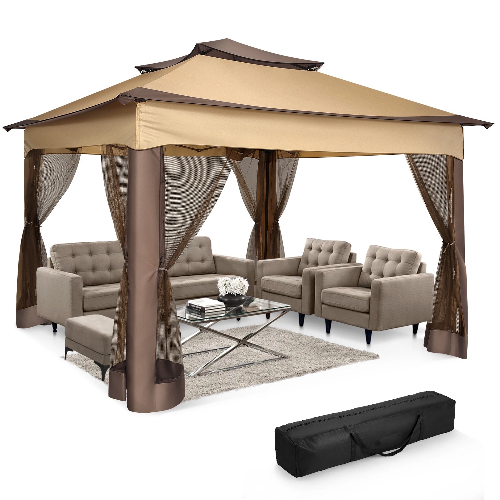 11'x11' Pop-Up Gazebo Pavilion W/Mosquito Netting, Canopy Tent W/Carry Bag