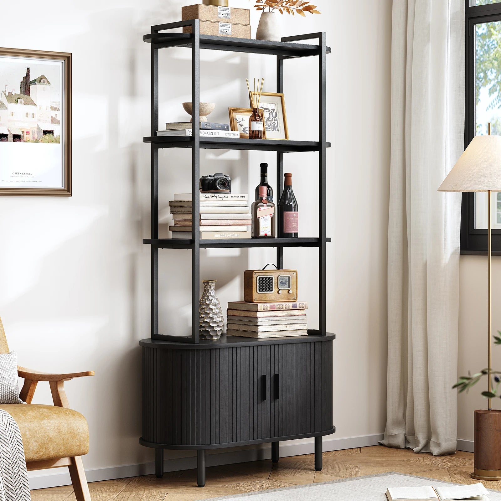 71" Tall, 4-Tier Book Shelf Cabinet, Sliding Door & Adjustable Footpad