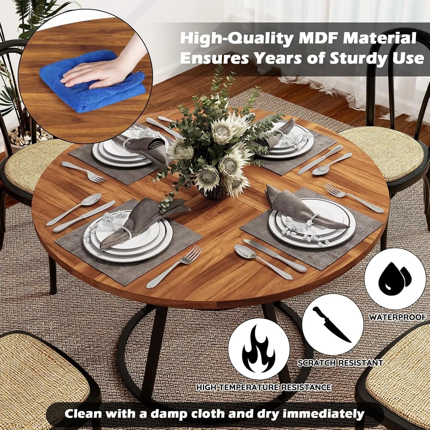 47” Round Dinner Table for 4-6, with Metal Legs