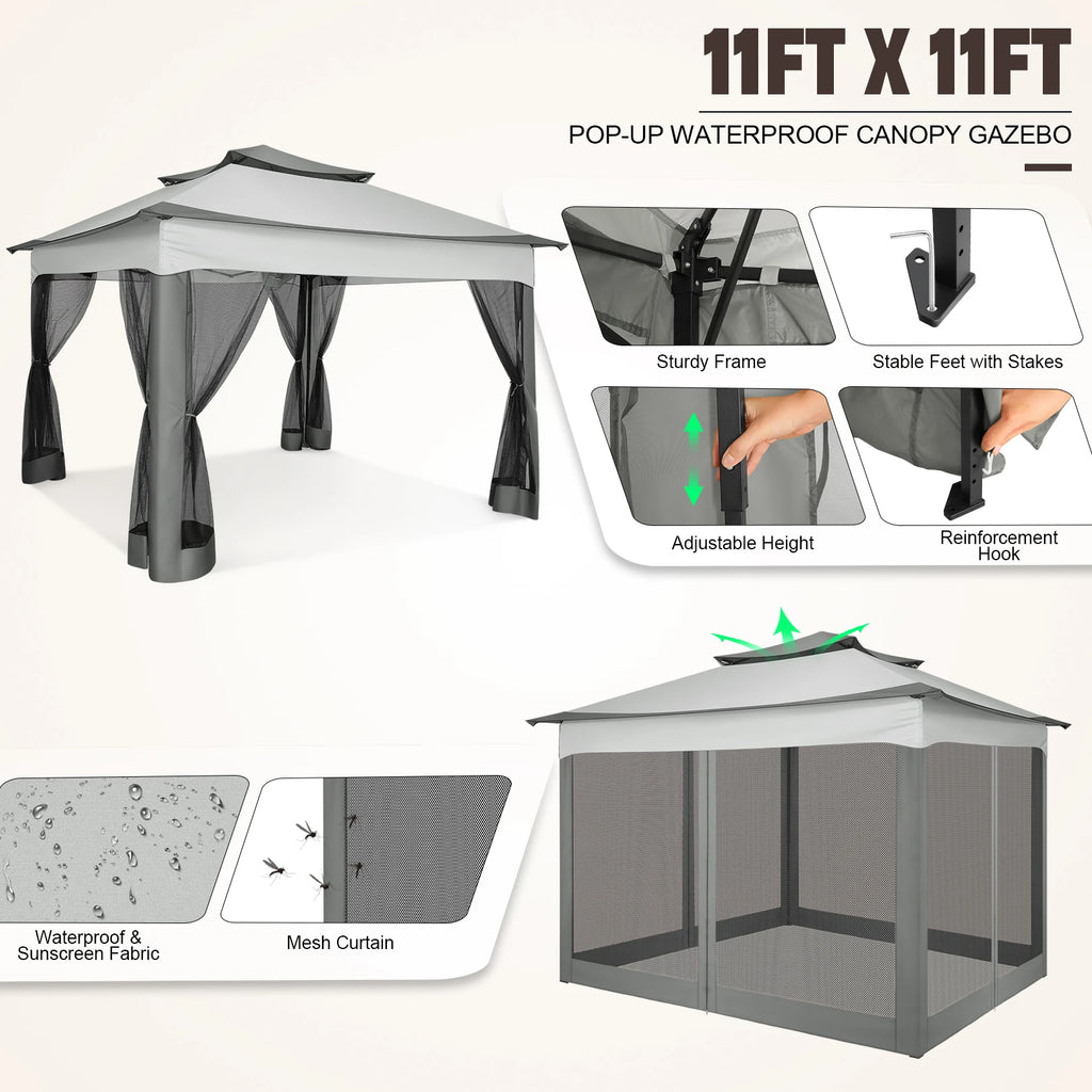 11'x11' Pop-Up Gazebo Pavilion W/Mosquito Netting, Canopy Tent W/Carry Bag