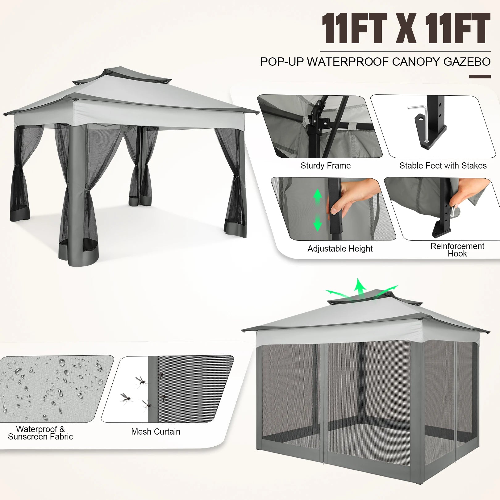 11'x11' Pop-Up Gazebo Pavilion W/Mosquito Netting, Canopy Tent W/Carry Bag