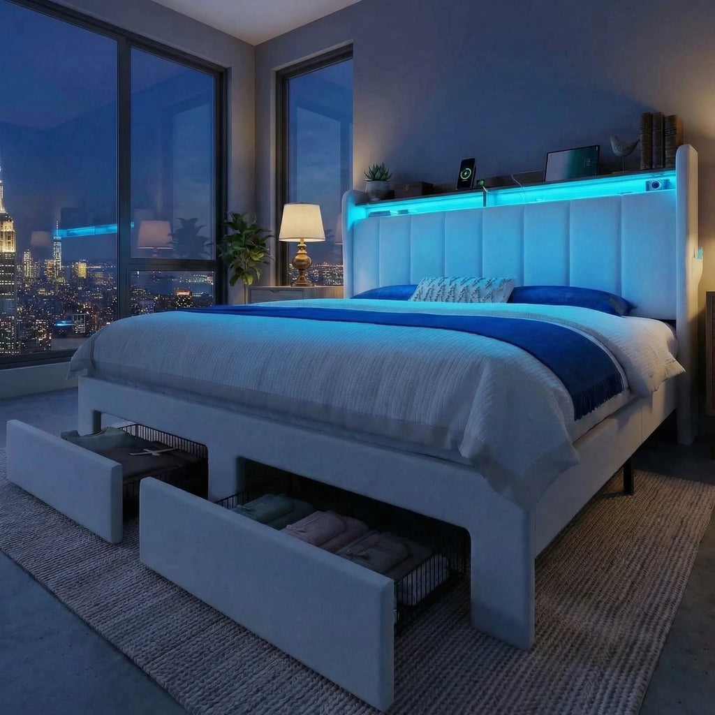 Full/Queen/King Bed Frame, 2-Drawer/2-Tier Shelves LED Lights, Charging Station, No Box Spring