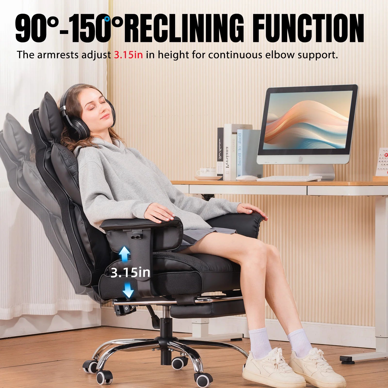 Ergonomic Leather High Back Gaming Chair Footrest, Adjustable Armrests