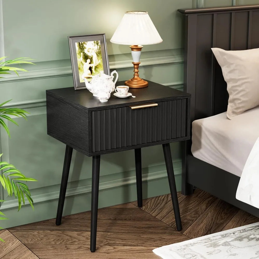 Nightstands Set of 2 Fabric Drawers Fluted, Charging Station