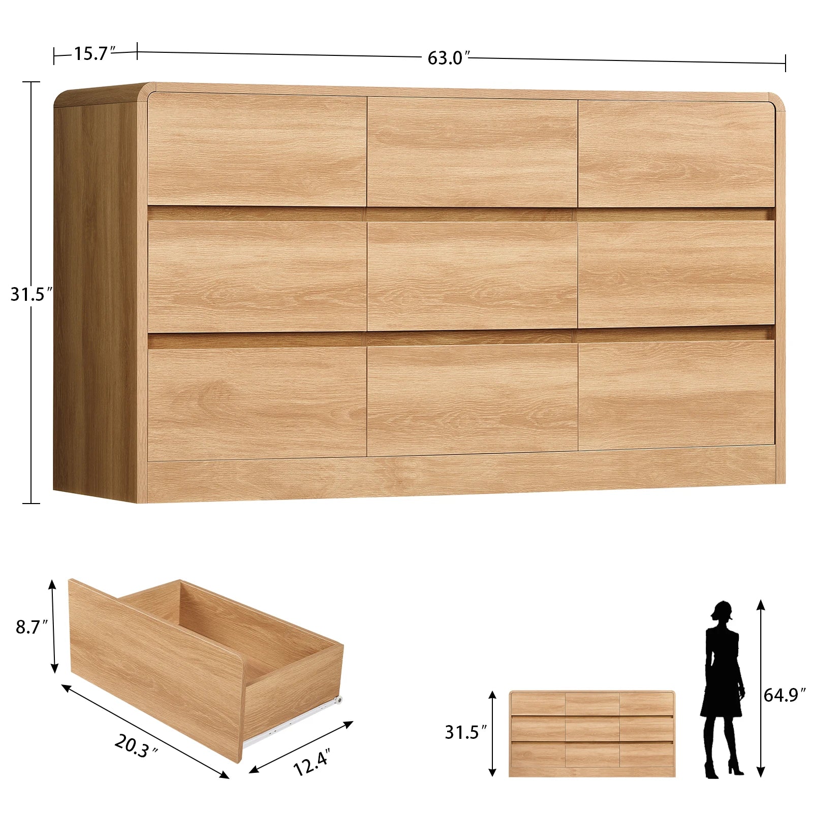 9-Drawer 63Inch Wide Dressers With Curved Profile Design