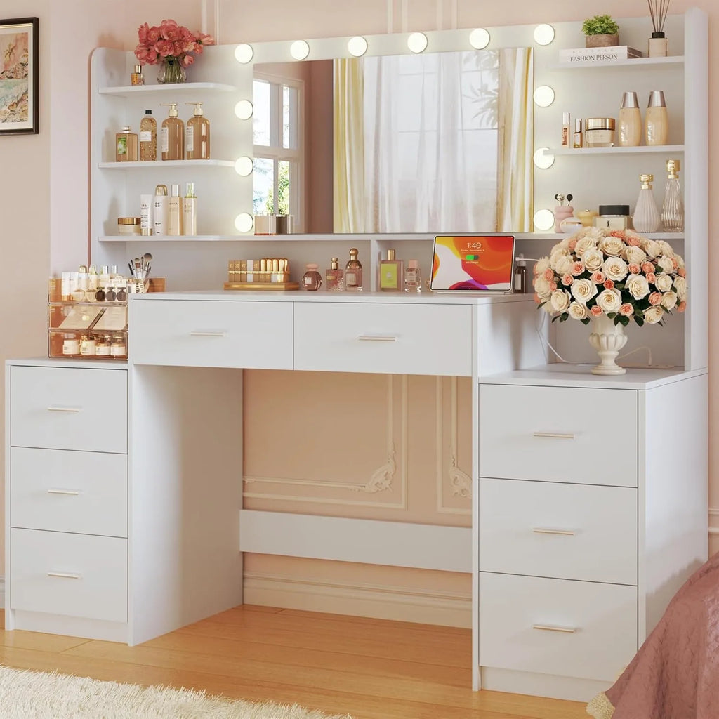 Large White Make-up Vanity Mirror 8 Drawers 6 Shelves