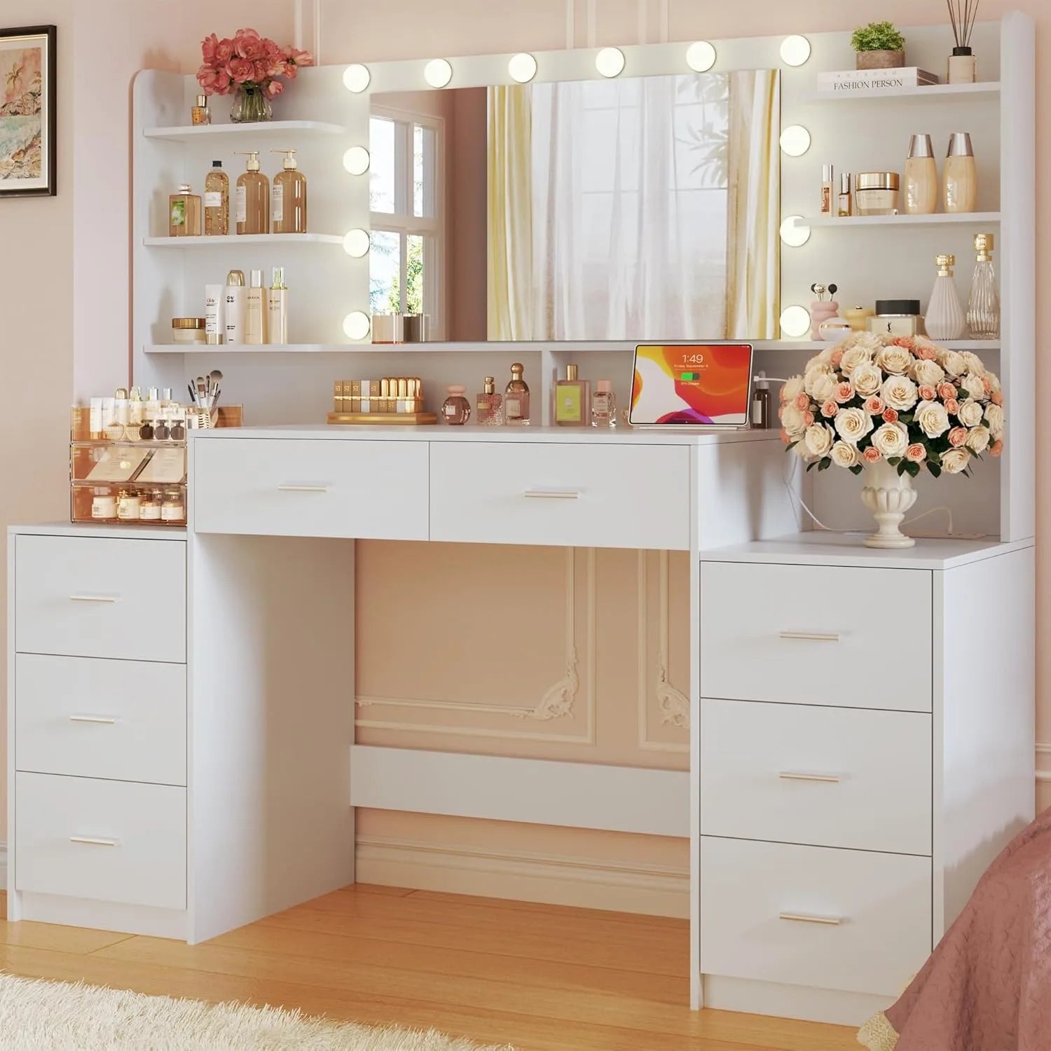 Large White Make-up Vanity Mirror 8 Drawers 6 Shelves