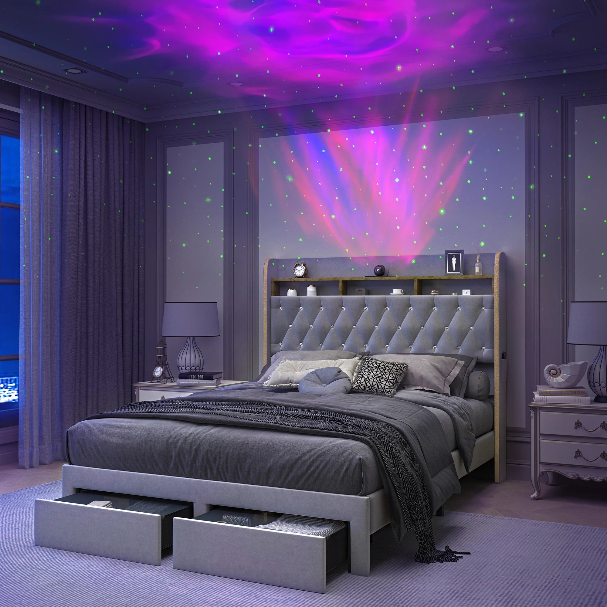 LED Bed Frame, Storage, Star Projector, Charging Station, 2-Tier Headboard, PU Leather Bed