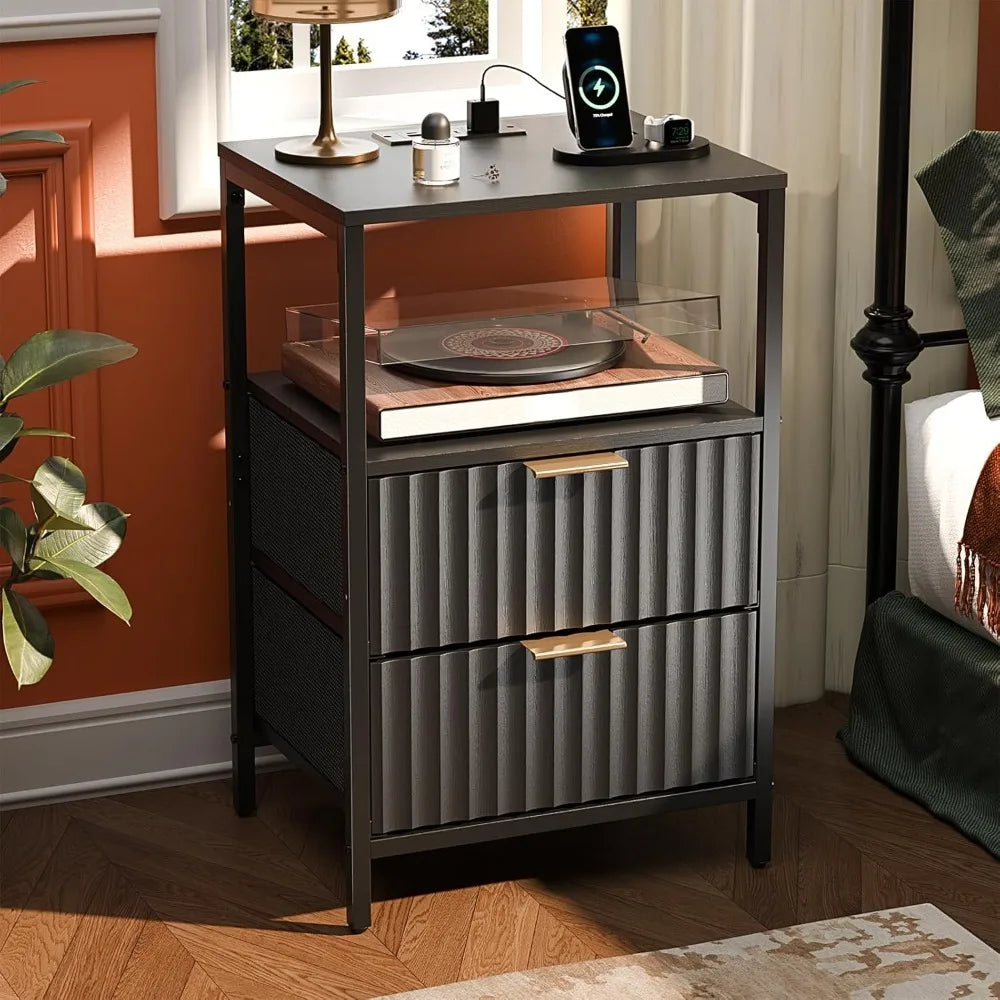 Nightstands Set of 2 Fabric Drawers Fluted, Charging Station