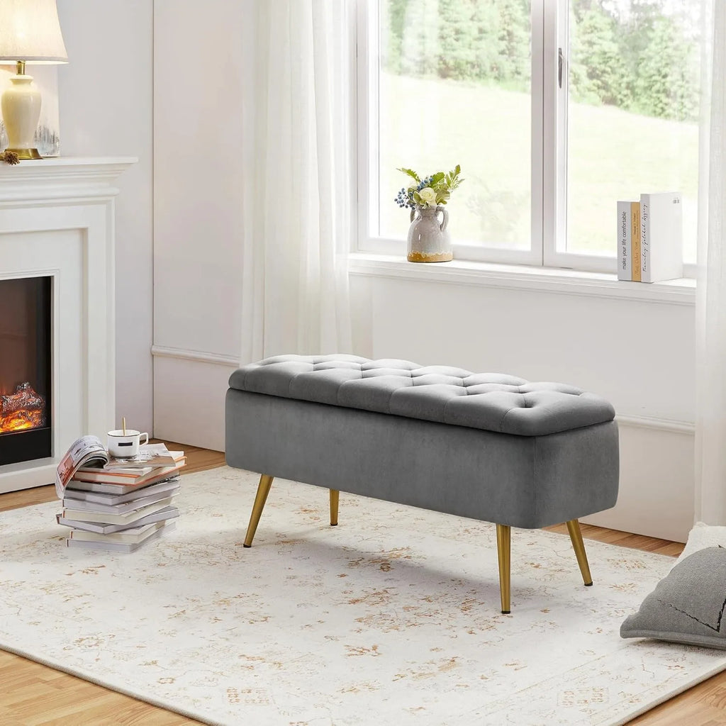 Ottoman Footstool Storage Bench, Upholstered Button-Tufted