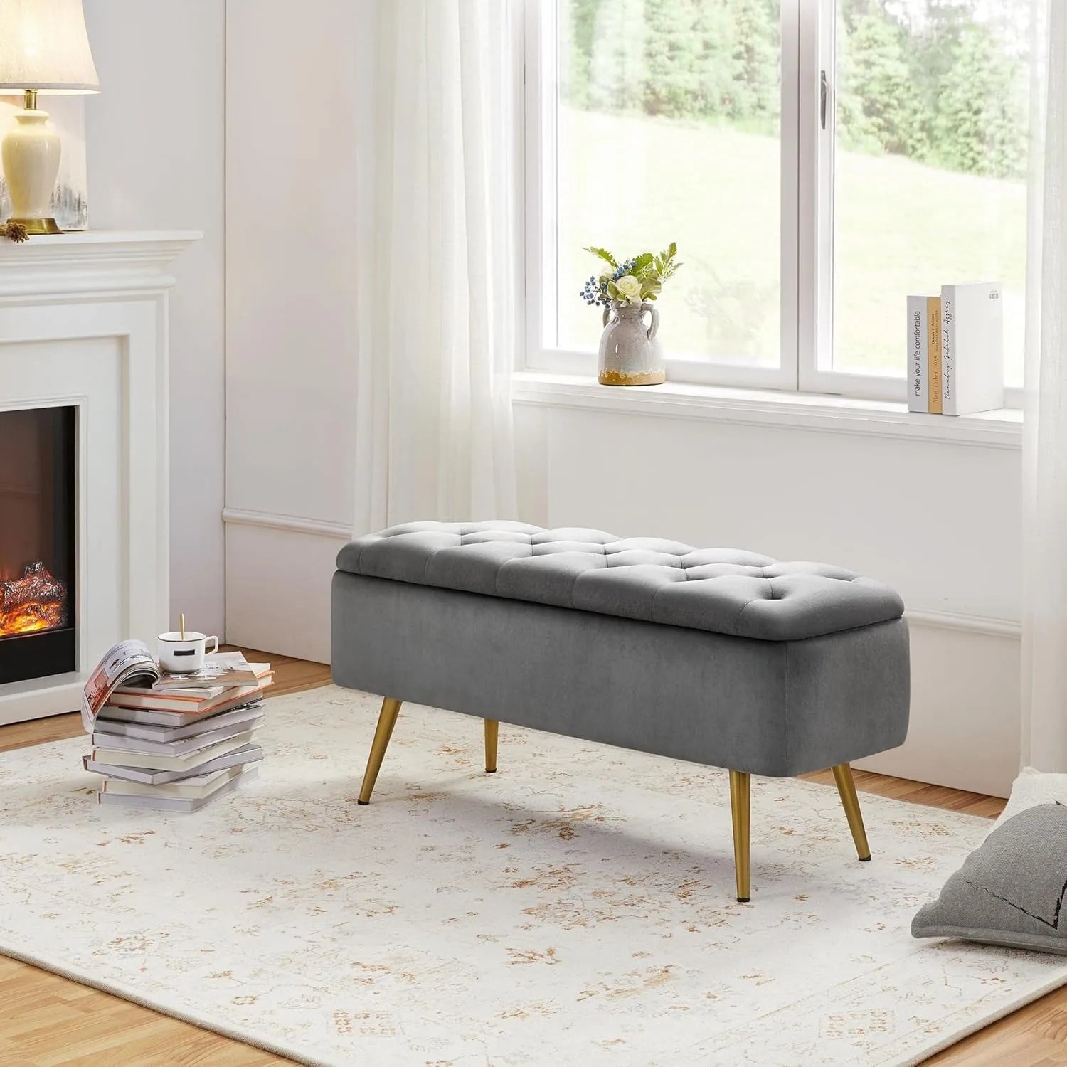 Ottoman Footstool Storage Bench, Upholstered Button-Tufted