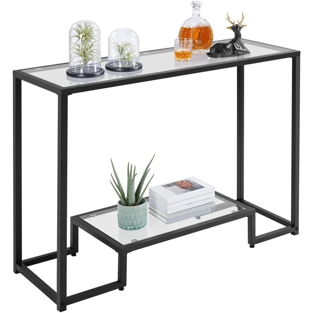 42 Inch Console Table, Tempered Glass Narrow , 2-Tier Table