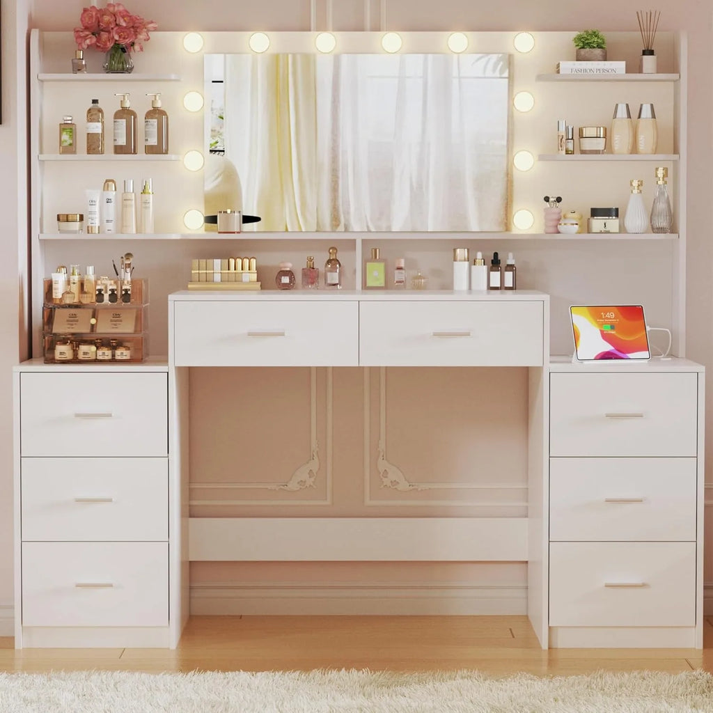 Large White Make-up Vanity Mirror 8 Drawers 6 Shelves