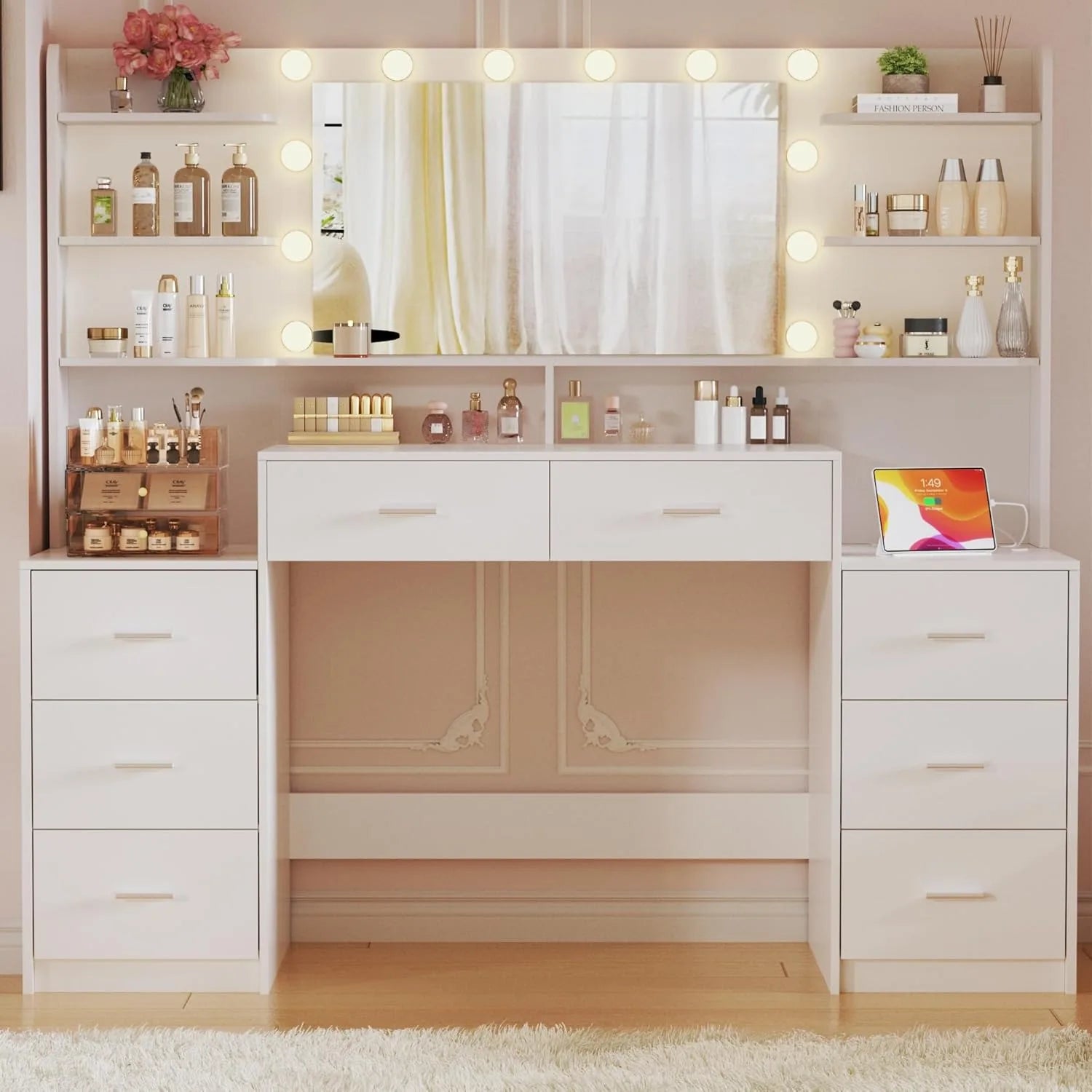 Large White Make-up Vanity Mirror 8 Drawers 6 Shelves