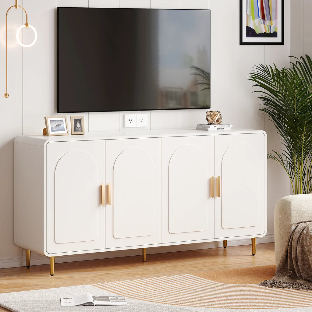60" Sideboard Buffet Cabinet, Storage, Curved, 4 Doors, Adjustable Shelves