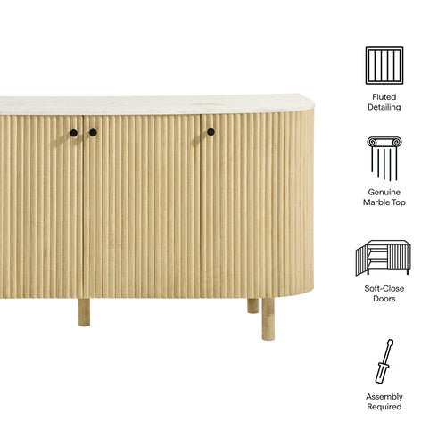 60IN Curved Solid Wood and Marble Sideboard Storage Cabinet