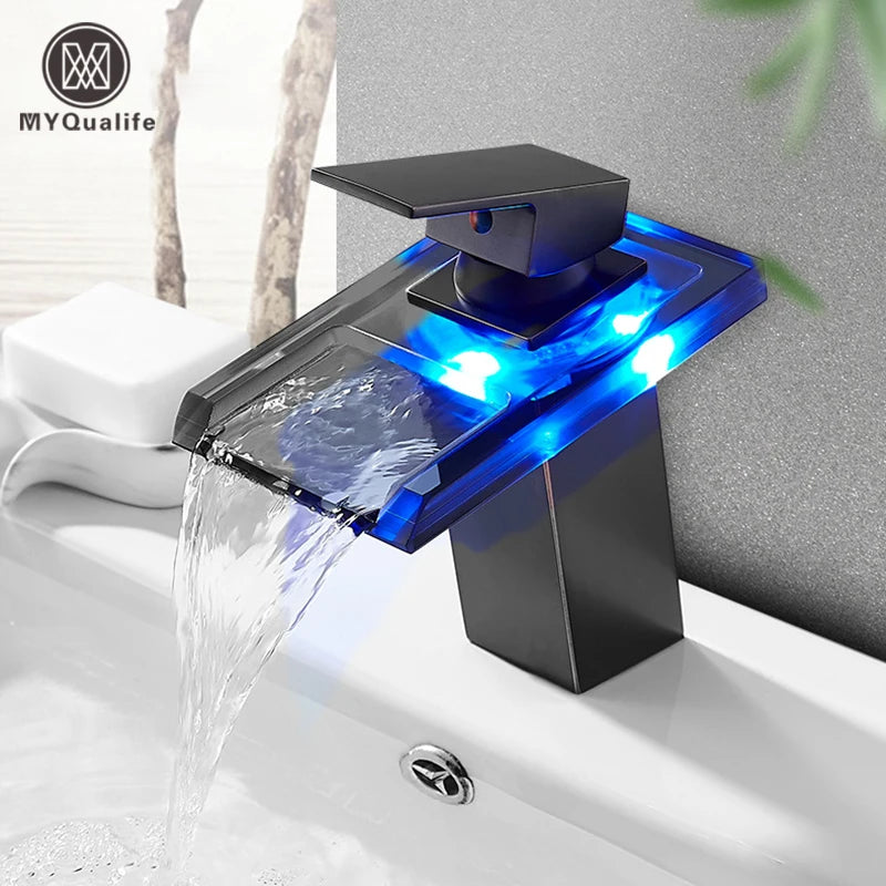 LED Color Changing Waterfall Faucet, Deck Mounted Hot/Cold Mixer Tap