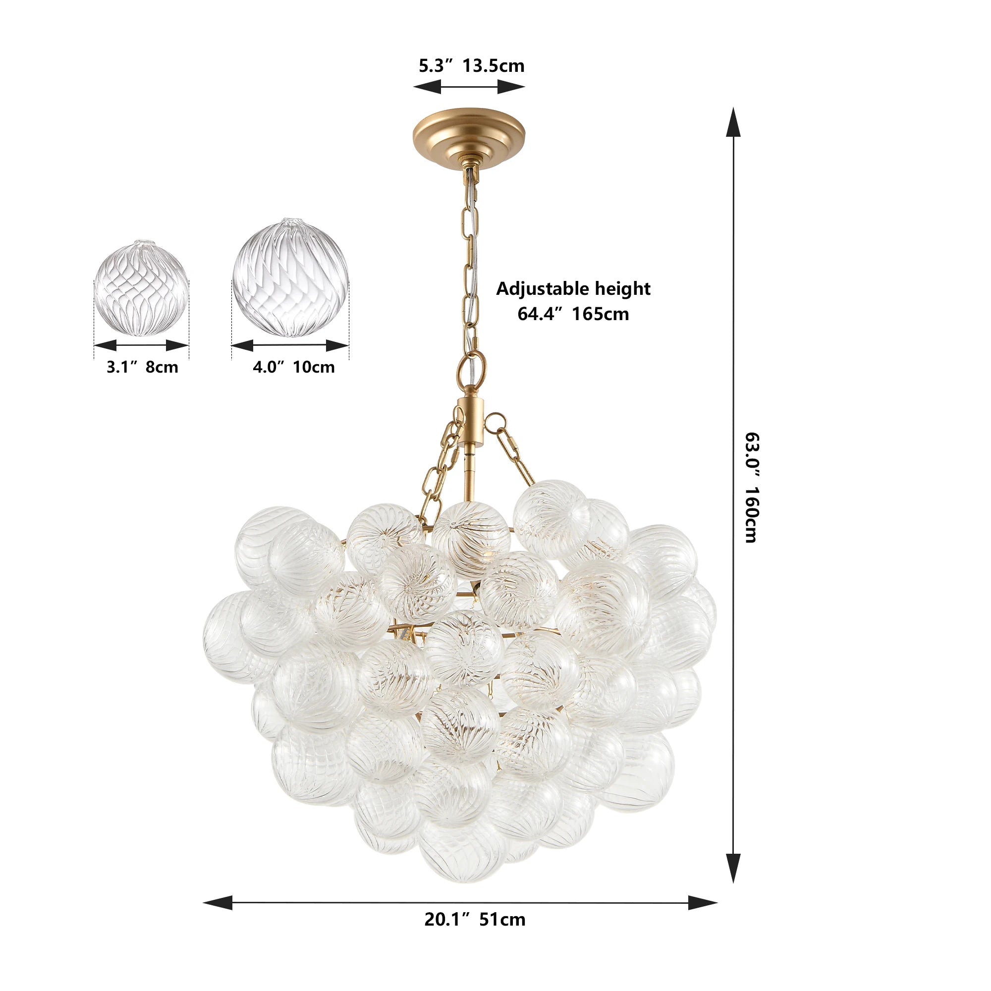 20" Gold Pendant Chandelier, Threaded Clear Glass Globe(No Bulbs)