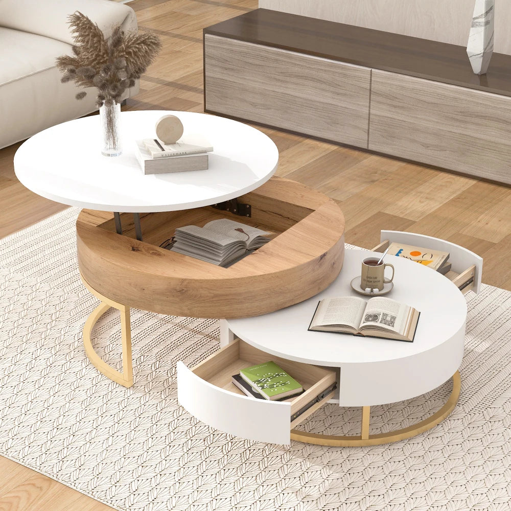 Height-adjustable Nesting Coffee Table Hydraulic Lift Function, Two Drawers
