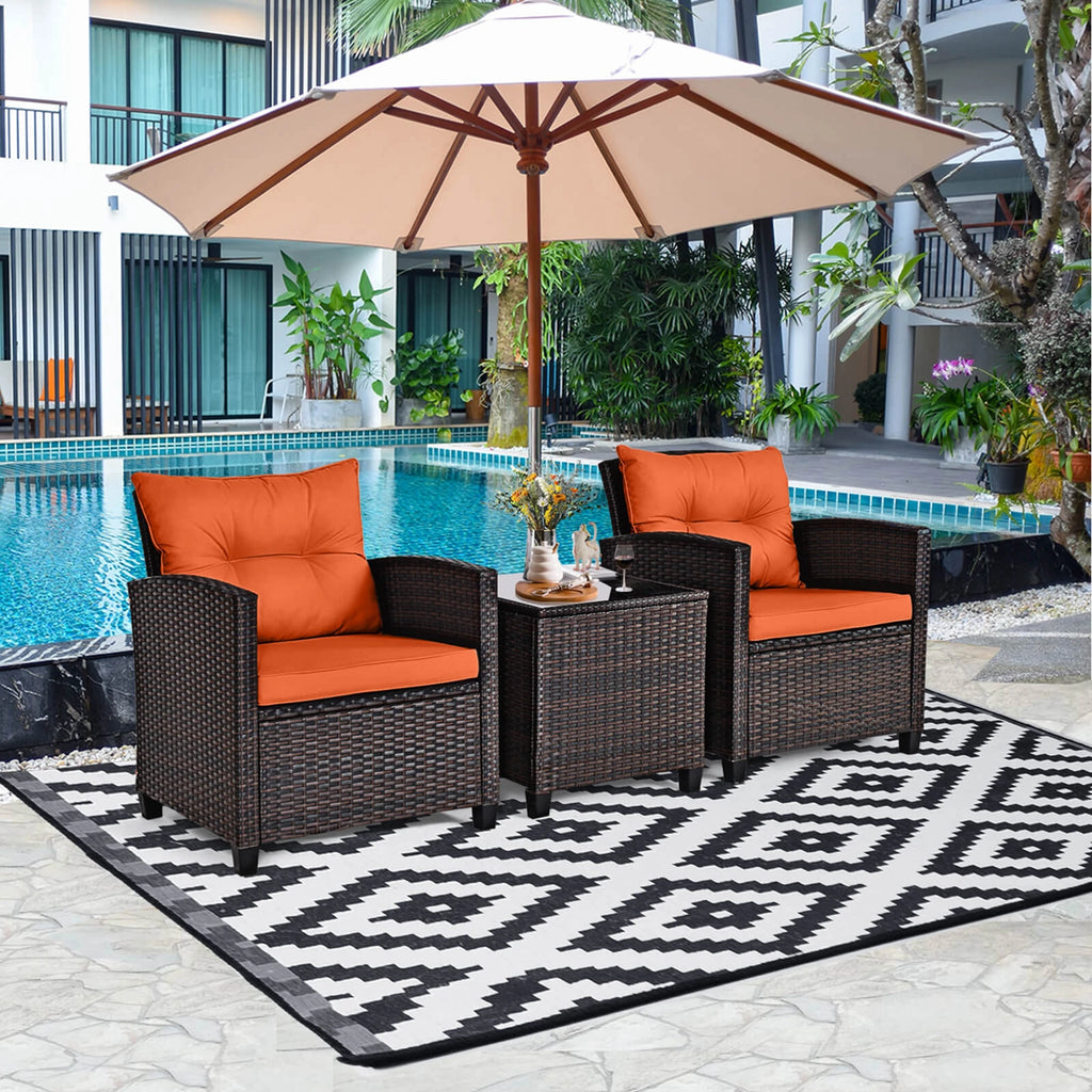 3-PC Patio Rattan Furniture Set Cushioned Conversation Set Sofa