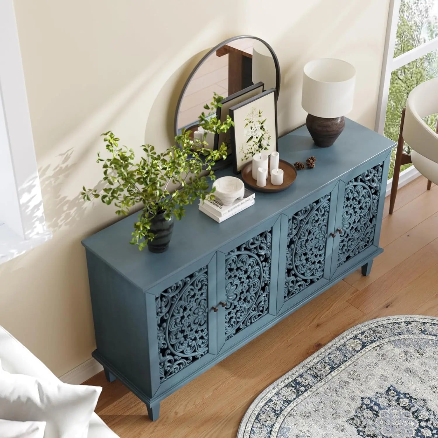 60" Blue Sideboard Buffet 4-Door Hollow Storage Shelf Vintage Console