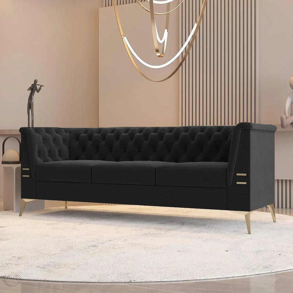 Velvet Chesterfield, Black 82" Sofa, Gold Metal Legs