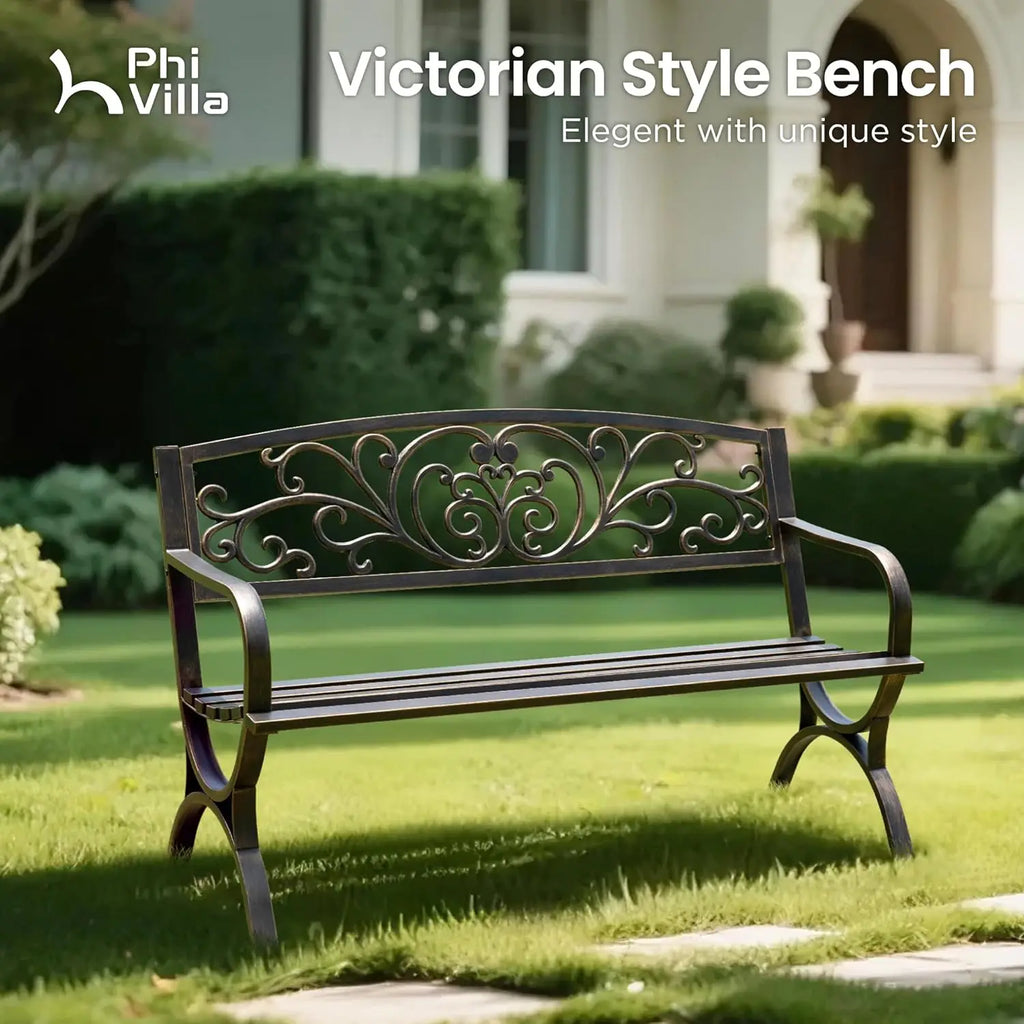50in Copper Cast Iron Steel Bench, Chair w/Floral Backrest Slatted Seat