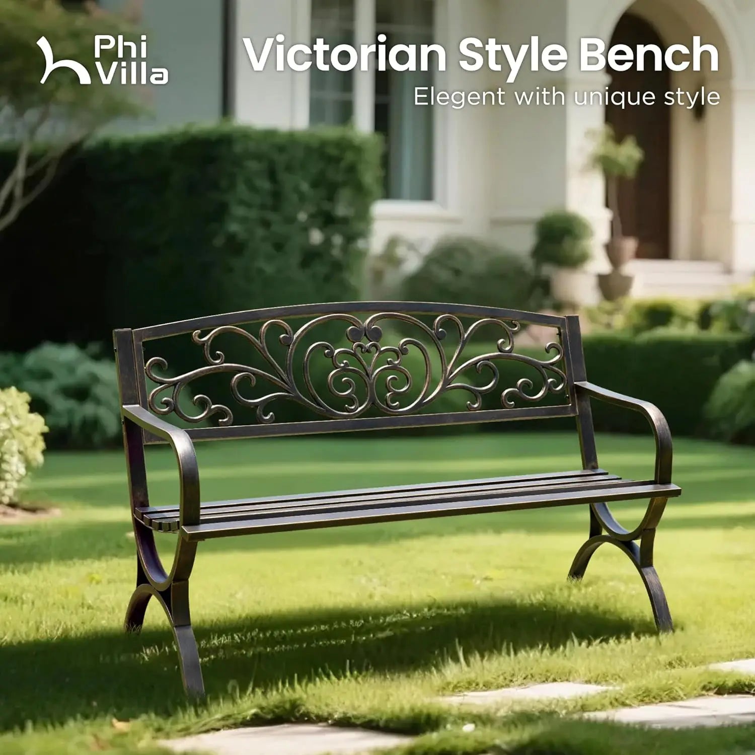 50in Copper Cast Iron Steel Bench, Chair w/Floral Backrest Slatted Seat