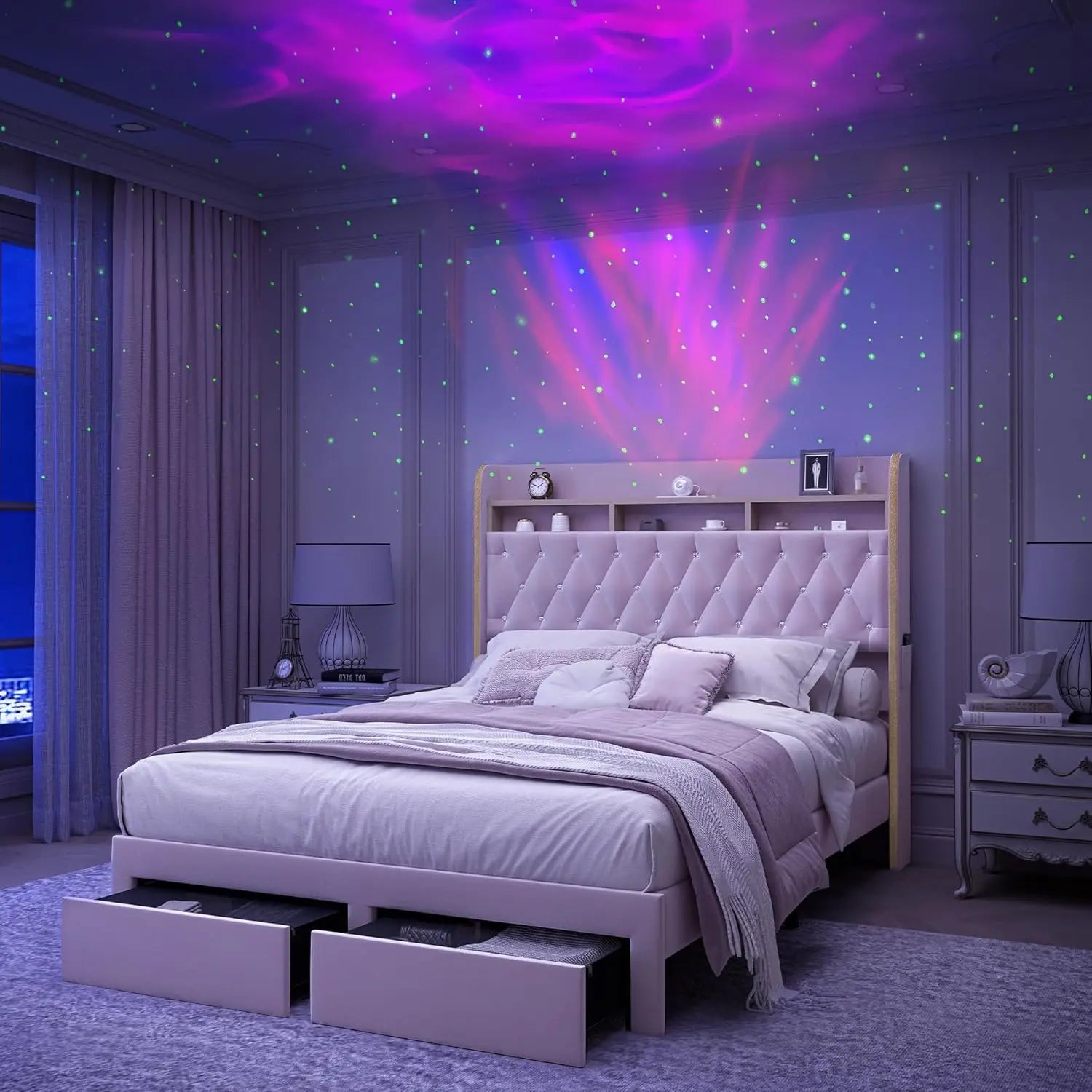 LED Bed Frame, Storage, Star Projector, Charging Station, 2-Tier Headboard, PU Leather Bed