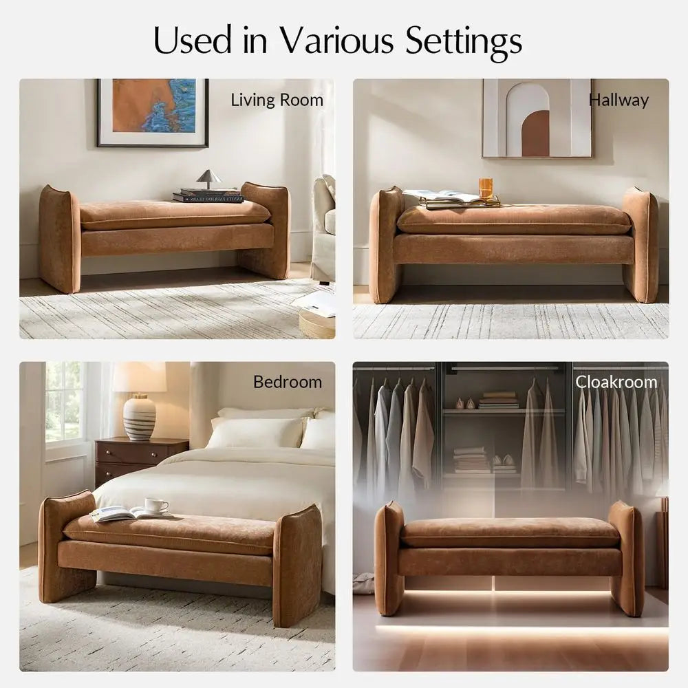 57.5" Chenille Upholstered End of Bed Bench, Thick Padded Seat