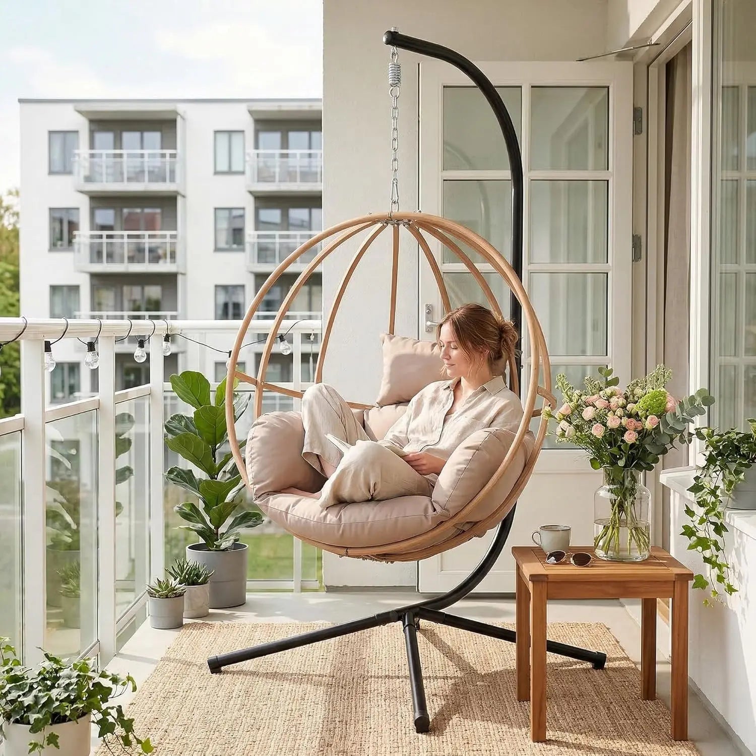 Double Egg Swing Chair, Stand, Cushions, Headrest, 80"H Metal Basket