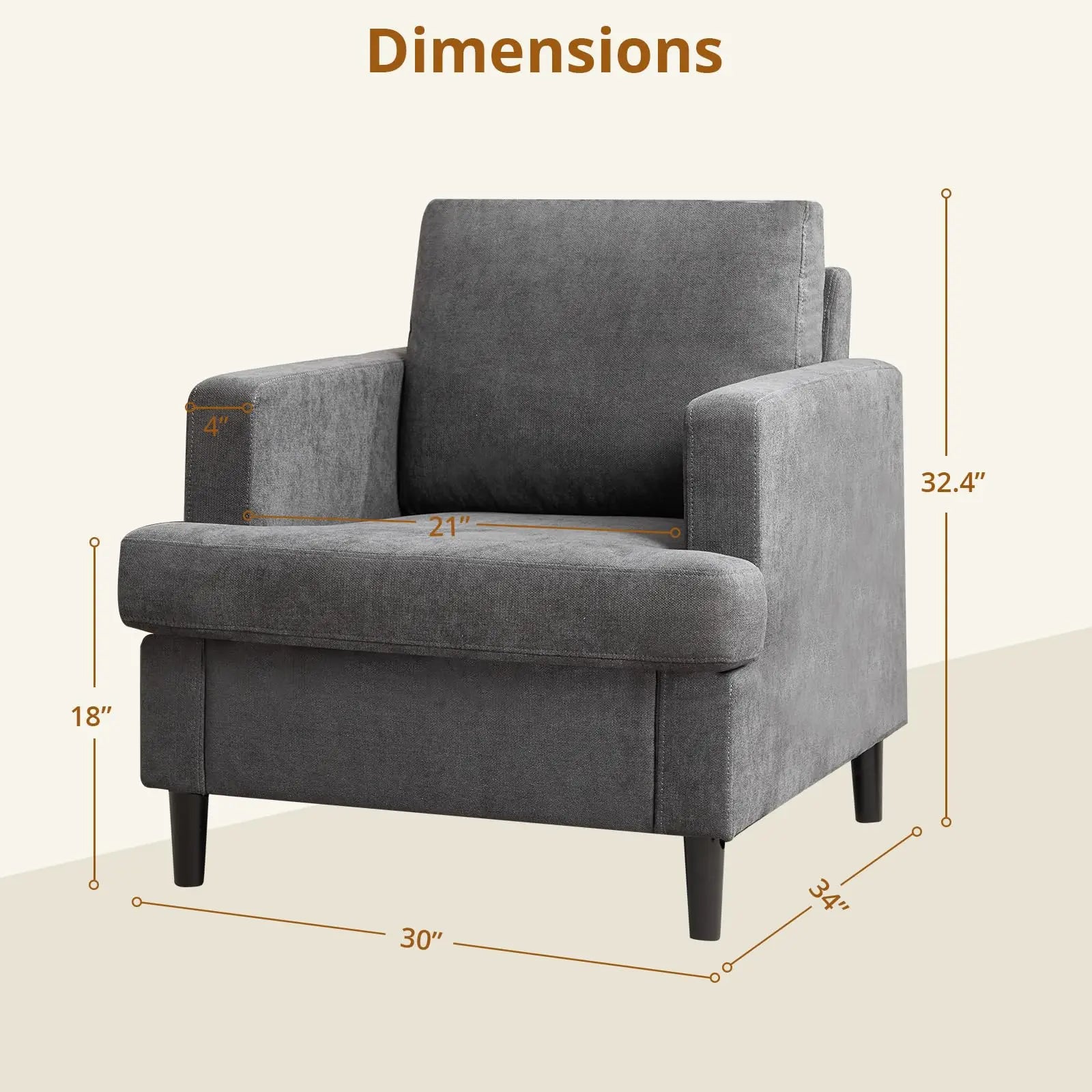 Accent Chair, Linen Soft Thick High Resilience Foam Cushion, Wood Legs